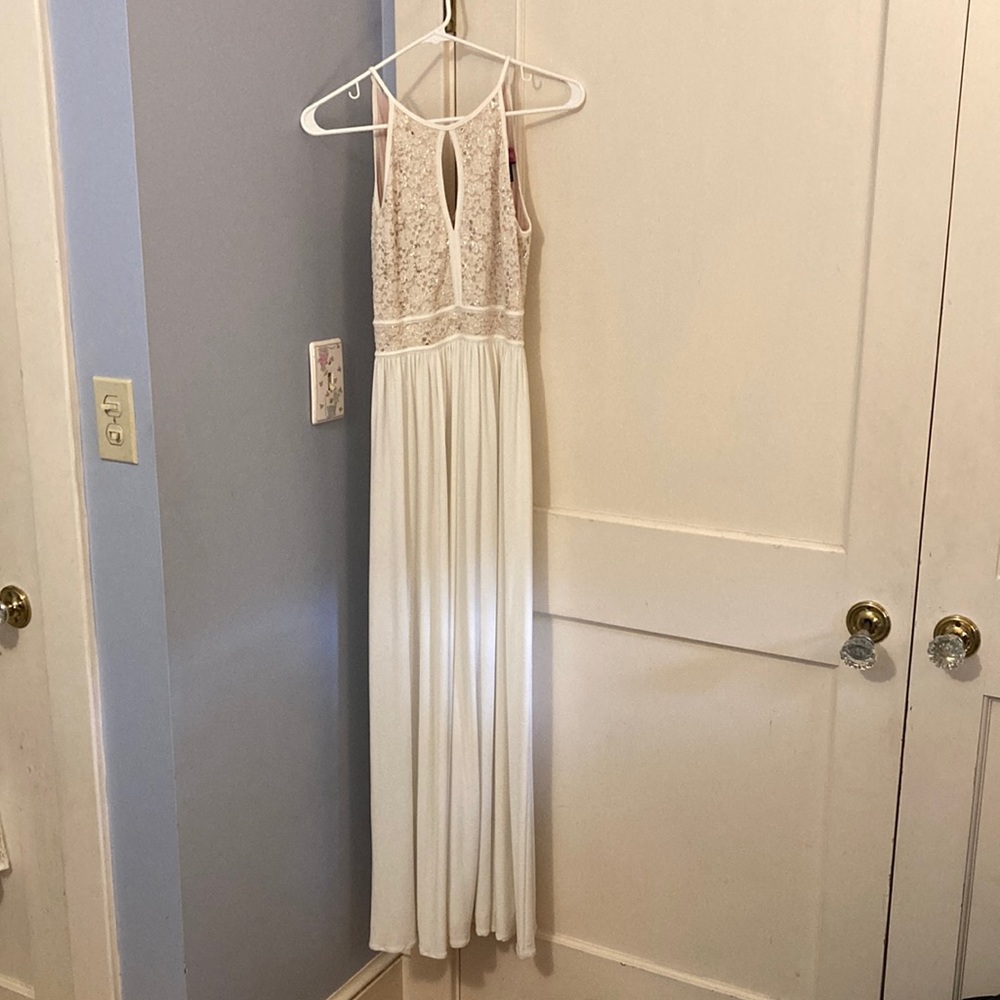 White maxi dress. Key hole front. Lace nude sparkle detail
